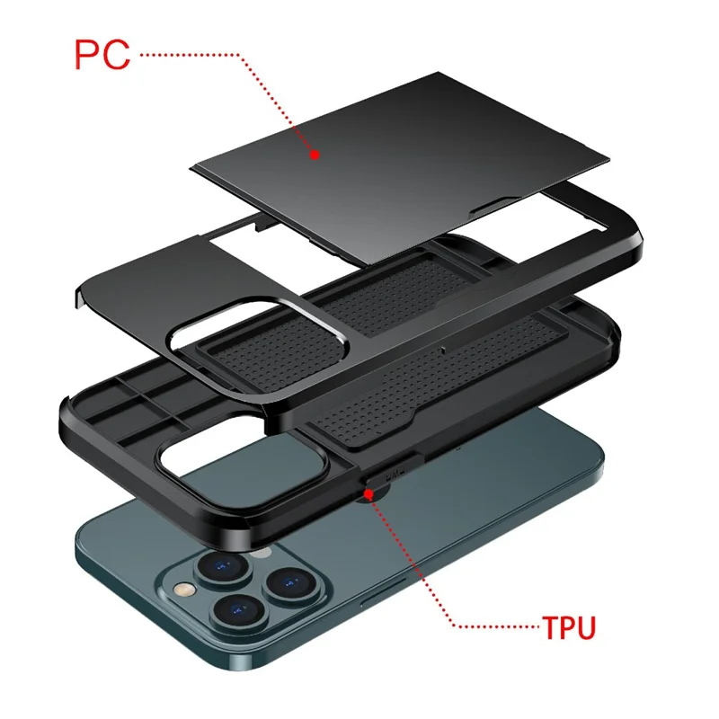 Slide Card Holder Anti-drop protective PC + TPU Hybrid Back Phone Case for iPhone 13 mini 5.4 inch - Dark Green