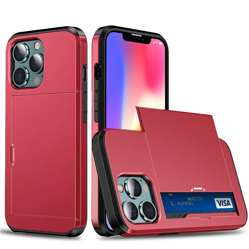 Good Protective Scratch-proof Slide Card Holder PC + TPU Hybrid Back Phone Case for iPhone 13 6.1 inch - Red