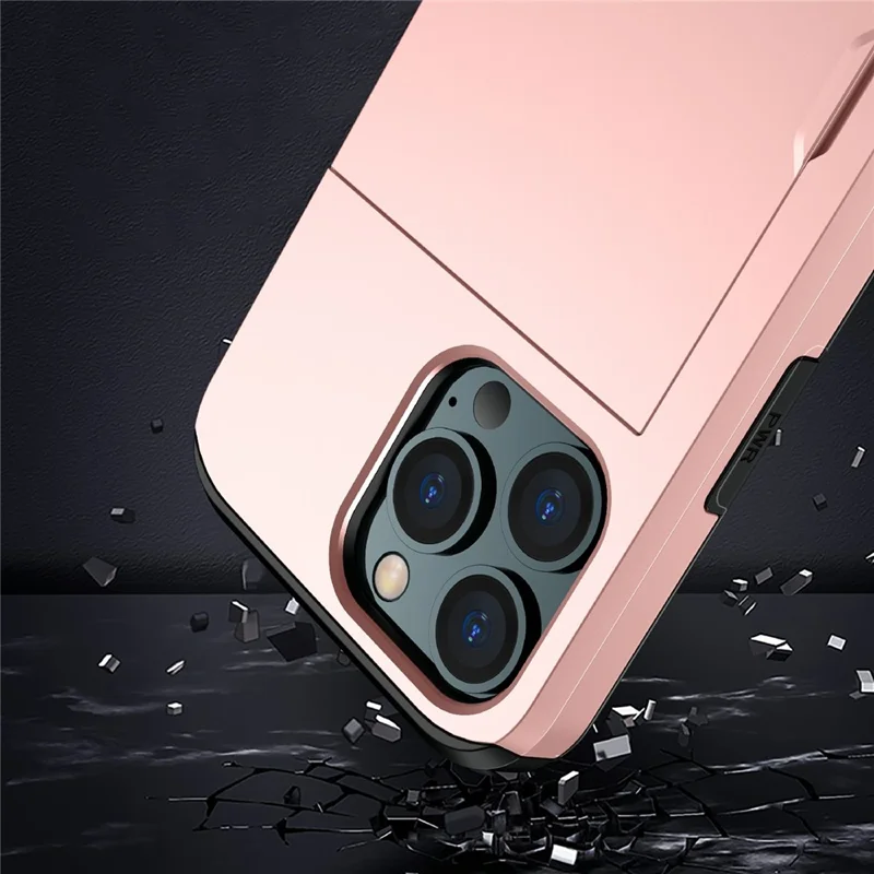 Good Protective Scratch-proof Slide Card Holder PC + TPU Hybrid Back Phone Case for iPhone 13 6.1 inch - Rose Gold