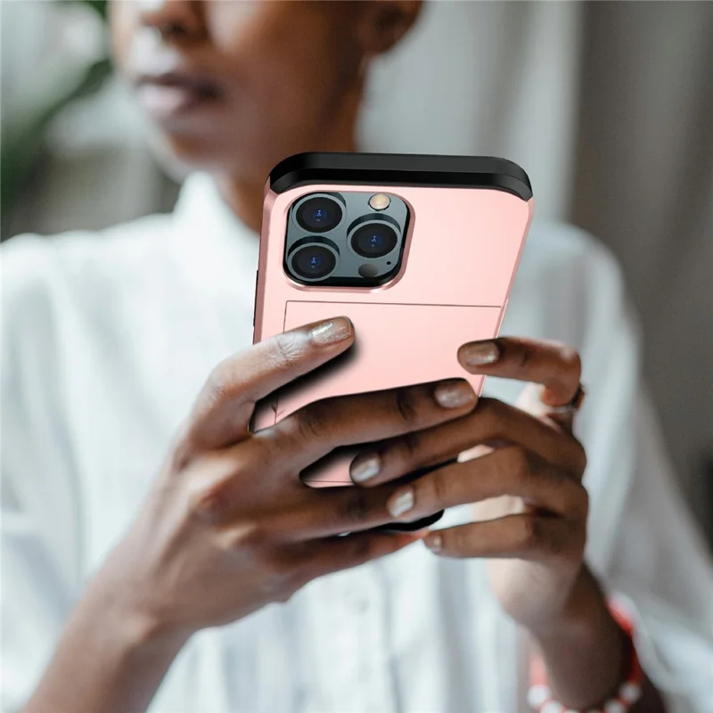 Good Protective Scratch-proof Slide Card Holder PC + TPU Hybrid Back Phone Case for iPhone 13 6.1 inch - Rose Gold