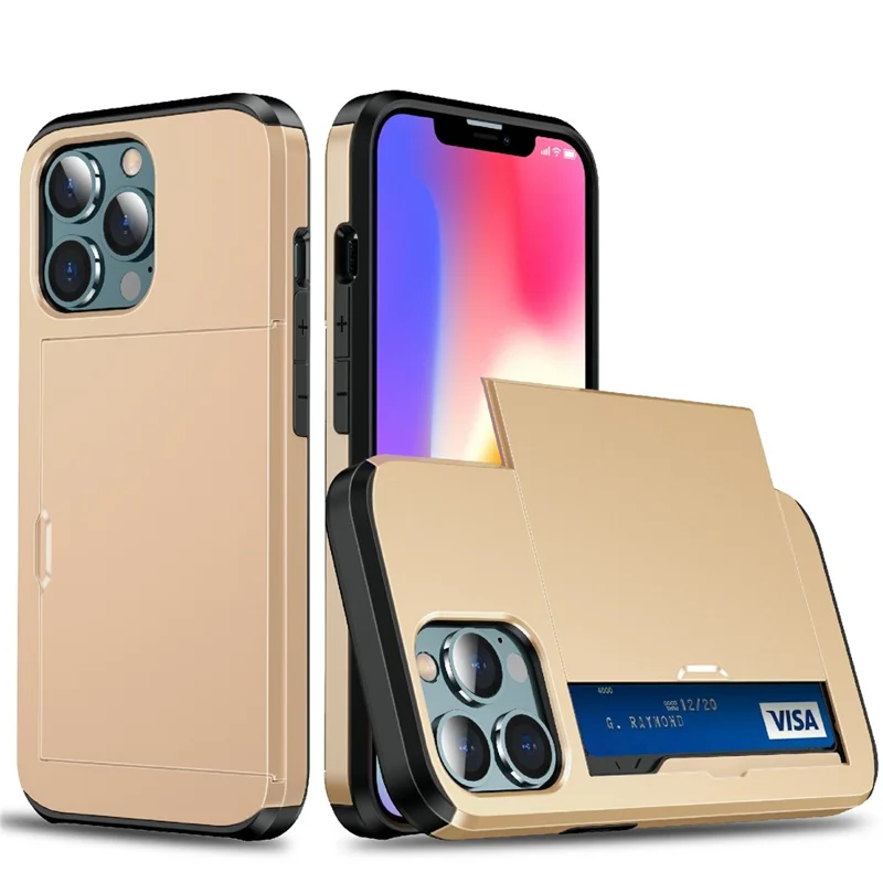 Good Protective Scratch-proof Slide Card Holder PC + TPU Hybrid Back Phone Case for iPhone 13 6.1 inch - Gold