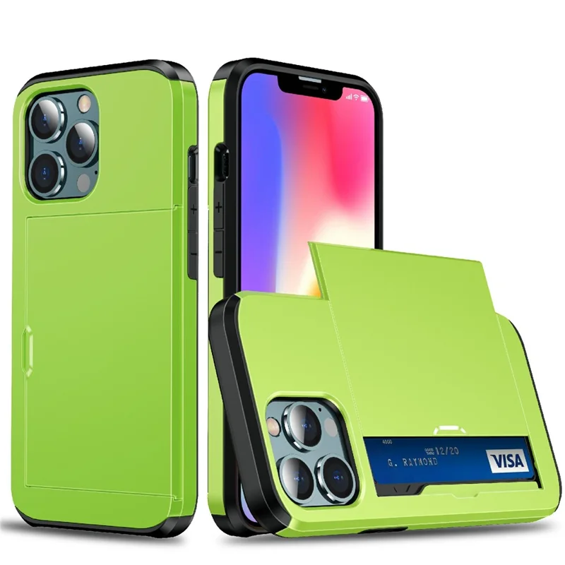 Good Protective Scratch-proof Slide Card Holder PC + TPU Hybrid Back Phone Case for iPhone 13 6.1 inch - Green