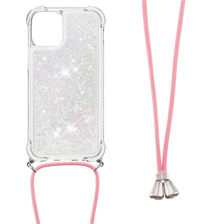 Anti-fall Quicksand Shiny Glitter Mobile Phone TPU Cover with Lanyard for iPhone 13 mini 5.4 inch - Shiny Hearts