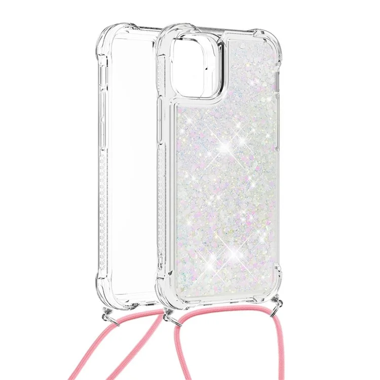 Anti-fall Quicksand Shiny Glitter Mobile Phone TPU Cover with Lanyard for iPhone 13 mini 5.4 inch - Shiny Hearts