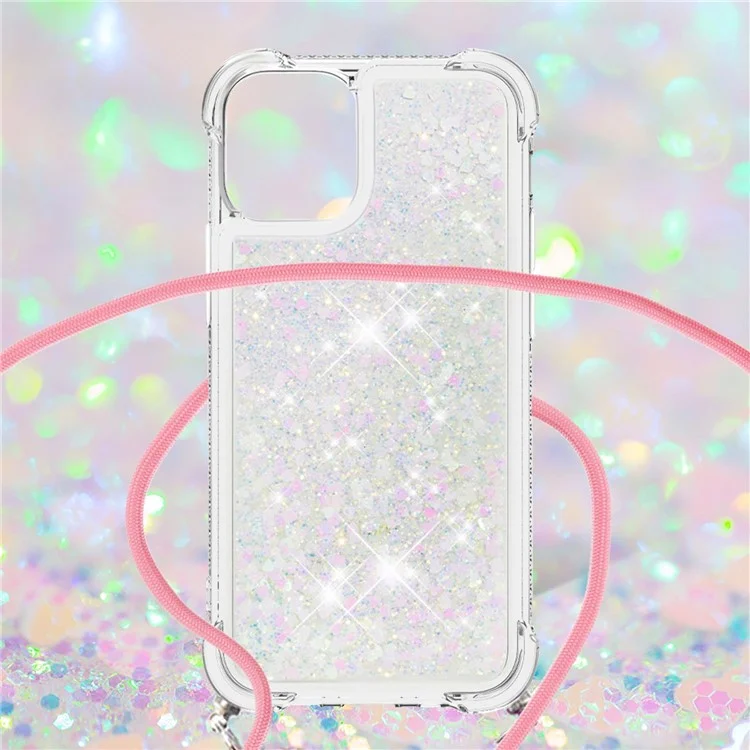 Anti-fall Quicksand Shiny Glitter Mobile Phone TPU Cover with Lanyard for iPhone 13 mini 5.4 inch - Shiny Hearts