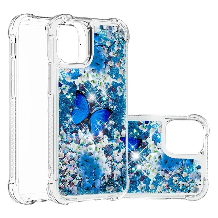 Cute Pattern Liquid QuickSand Series Bling Bling Sparkle Soft TPU Cover Protettivo Per IPhone 13 Pro Max 6.7 Pollici - Farfalla Blu