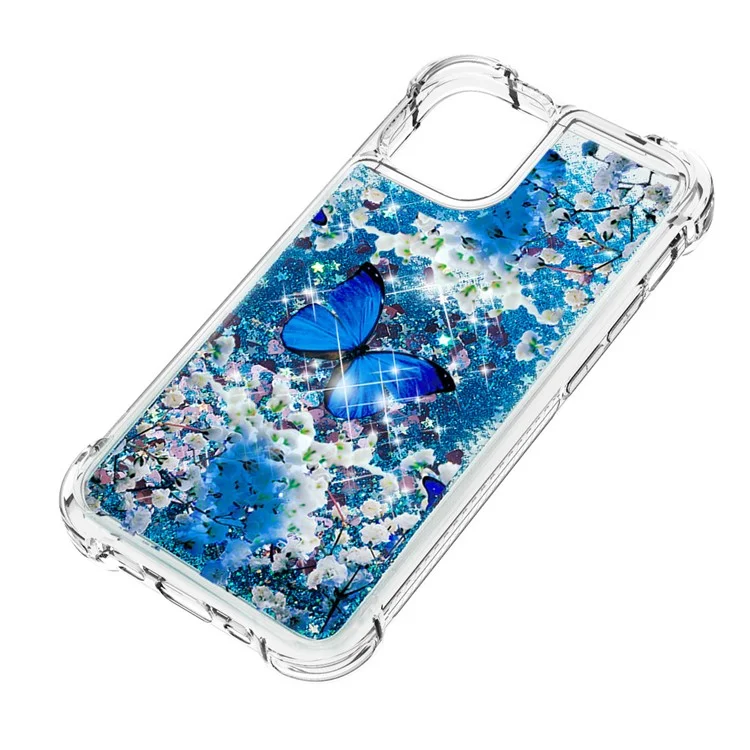 Cute Pattern Liquid QuickSand Series Bling Bling Sparkle Soft TPU Cover Protettivo Per IPhone 13 Pro Max 6.7 Pollici - Farfalla Blu
