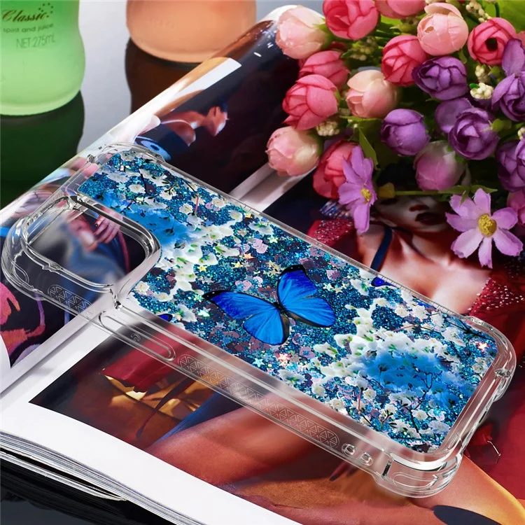 Cute Pattern Liquid QuickSand Series Bling Bling Sparkle Soft TPU Cover Protettivo Per IPhone 13 Pro Max 6.7 Pollici - Farfalla Blu