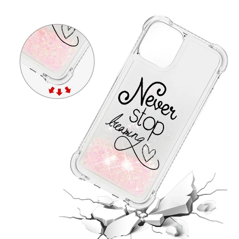 Cute Pattern Liquid Quicksand Series Bling Sparkle Soft TPU Protective Cover for iPhone 13 Pro Max 6.7 inch - Never Stop Dreaming