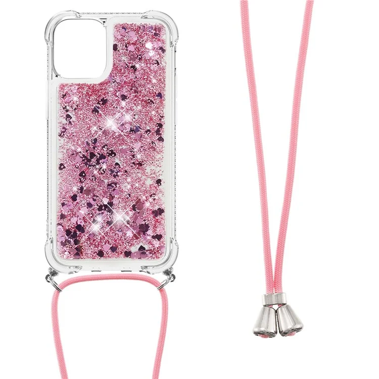 Quicksand Shiny Glitter Anti-drop Mobile Phone TPU Cover with Lanyard for iPhone 13 Pro Max 6.7 inch - Rose Gold Hearts