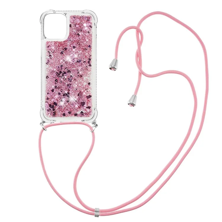 Quicksand Shiny Glitter Anti-drop Mobile Phone TPU Cover with Lanyard for iPhone 13 Pro Max 6.7 inch - Rose Gold Hearts