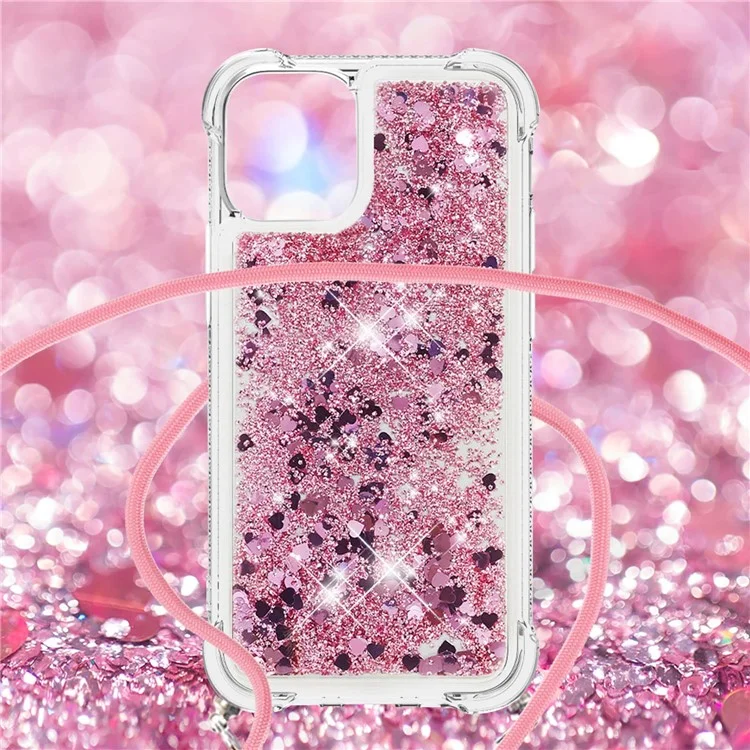 Quicksand Shiny Glitter Anti-drop Mobile Phone TPU Cover with Lanyard for iPhone 13 Pro Max 6.7 inch - Rose Gold Hearts