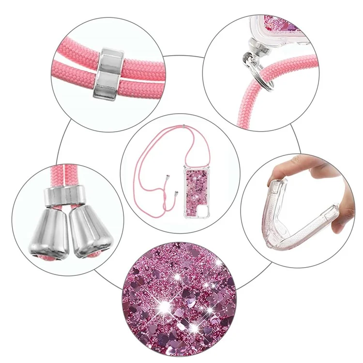 Quicksand Shiny Glitter Anti-drop Mobile Phone TPU Cover with Lanyard for iPhone 13 Pro Max 6.7 inch - Rose Gold Hearts