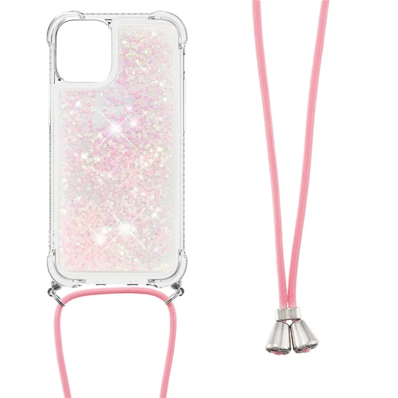Quicksand Shiny Glitter Anti-drop Mobile Phone TPU Cover with Lanyard for iPhone 13 Pro Max 6.7 inch - Silver Pink Stars