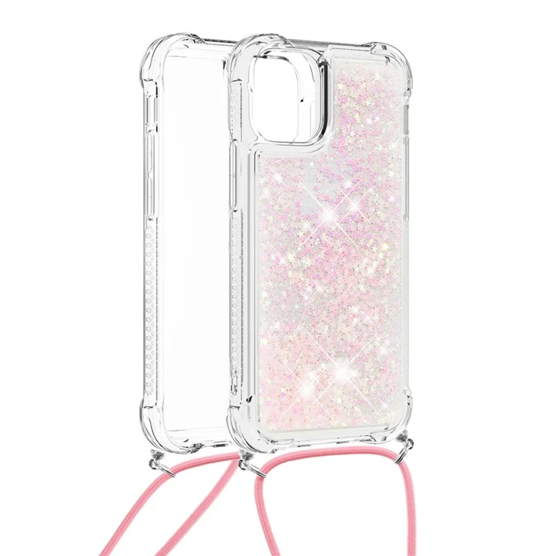 Quicksand Shiny Glitter Anti-drop Mobile Phone TPU Cover with Lanyard for iPhone 13 Pro Max 6.7 inch - Silver Pink Stars