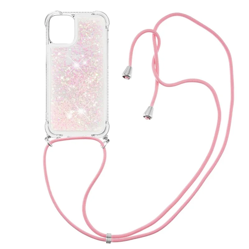Quicksand Shiny Glitter Anti-drop Mobile Phone TPU Cover with Lanyard for iPhone 13 Pro Max 6.7 inch - Silver Pink Stars