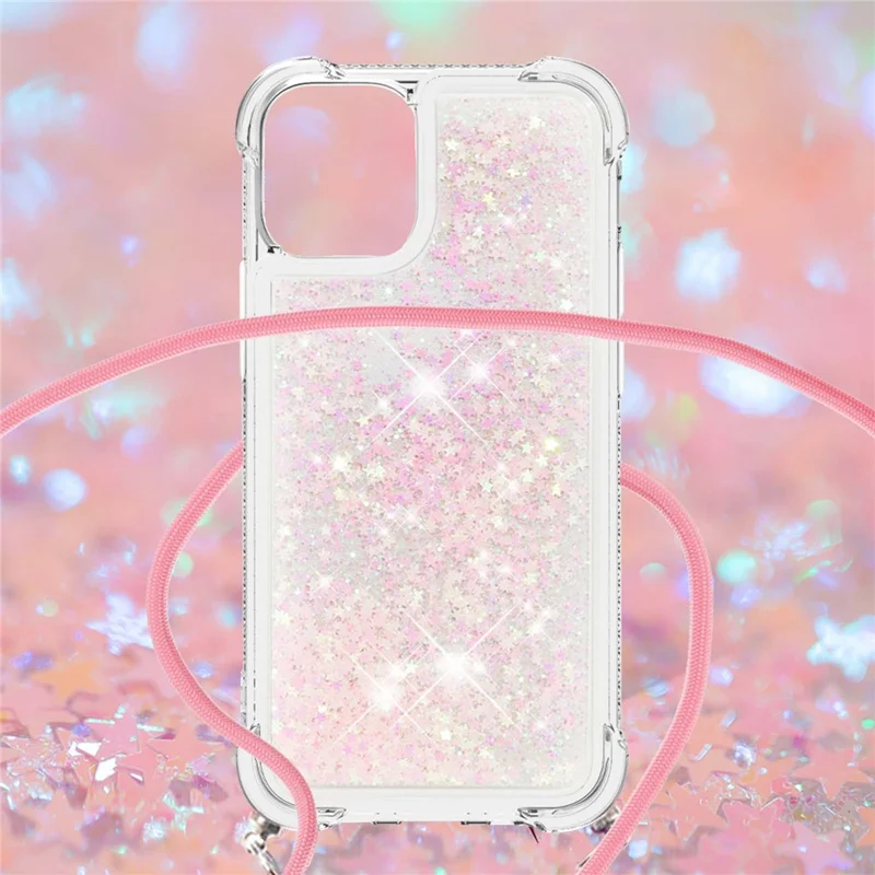 Quicksand Shiny Glitter Anti-drop Mobile Phone TPU Cover with Lanyard for iPhone 13 Pro Max 6.7 inch - Silver Pink Stars