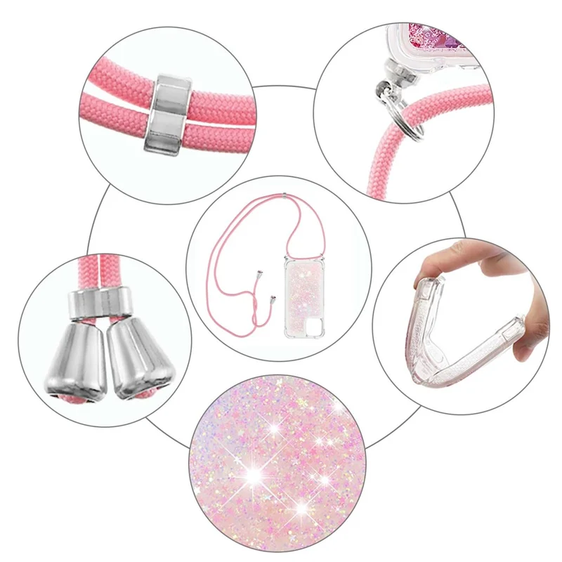 Quicksand Shiny Glitter Anti-drop Mobile Phone TPU Cover with Lanyard for iPhone 13 Pro Max 6.7 inch - Silver Pink Stars