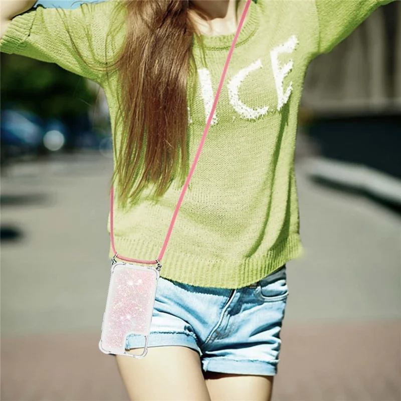 Quicksand Shiny Glitter Anti-drop Mobile Phone TPU Cover with Lanyard for iPhone 13 Pro Max 6.7 inch - Silver Pink Stars