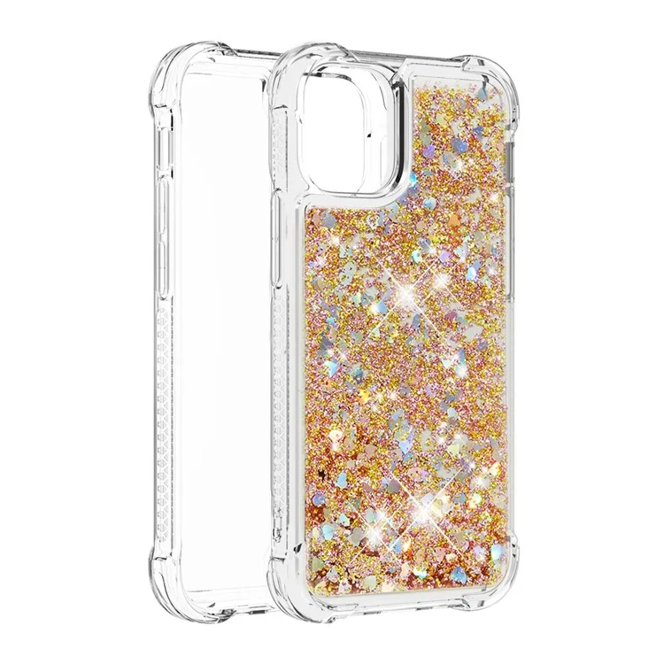 Liquid Quicksand Clear Soft TPU Bumper Shockproof Protective Cover for iPhone 13 Pro Max 6.7 inch - Diamond Gold Hearts