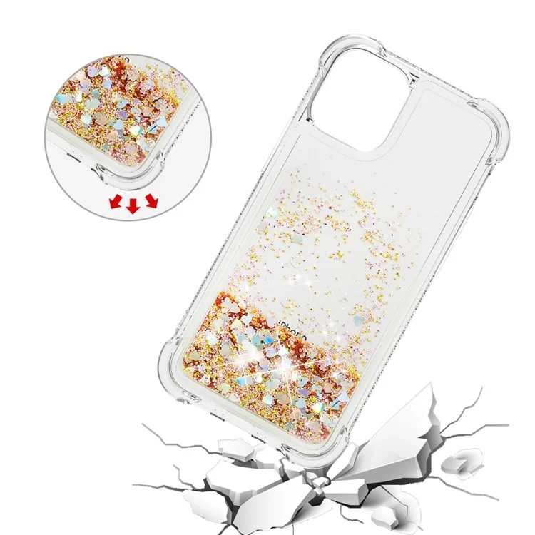 Liquid Quicksand Clear Soft TPU Bumper Shockproof Protective Cover for iPhone 13 Pro Max 6.7 inch - Diamond Gold Hearts