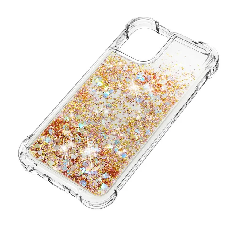Liquid Quicksand Clear Soft TPU Bumper Shockproof Protective Cover for iPhone 13 Pro Max 6.7 inch - Diamond Gold Hearts