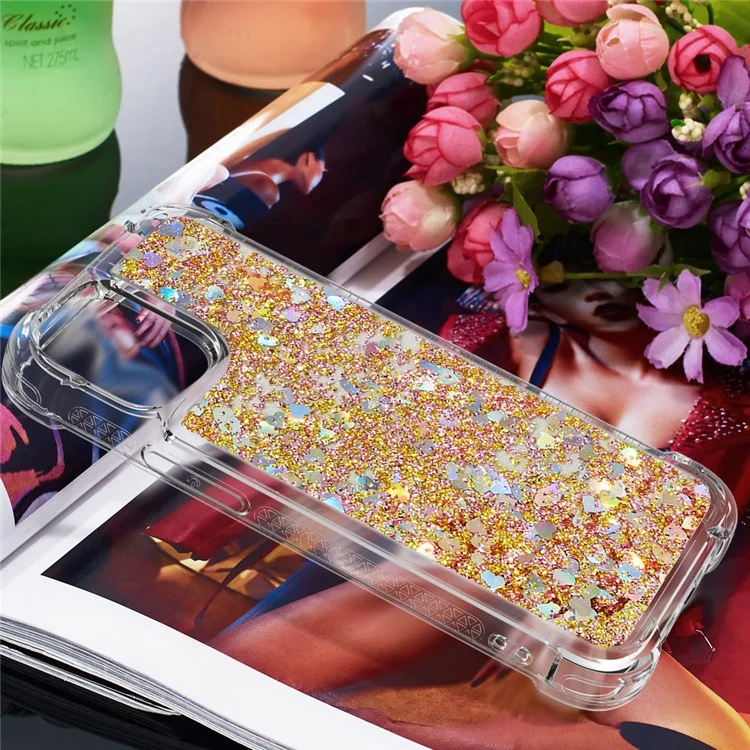 Liquid Quicksand Clear Soft TPU Bumper Shockproof Protective Cover for iPhone 13 Pro Max 6.7 inch - Diamond Gold Hearts