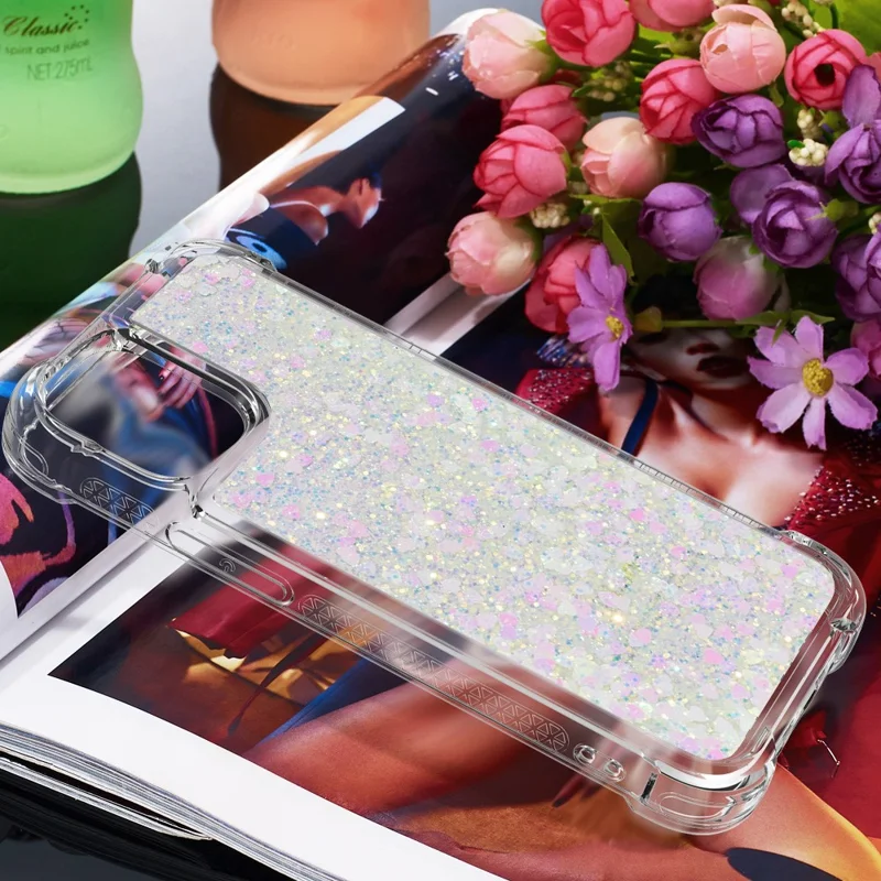 Liquid Quicksand Clear Soft TPU Bumper Shockproof Protective Cover for iPhone 13 Pro Max 6.7 inch - Shiny Hearts