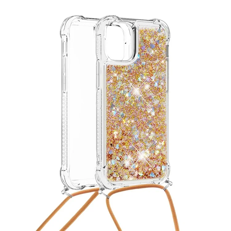 Quicksand Shiny Floating Glitter Flowing Liquid Shockproof Protective TPU Cover with Strap for iPhone 13 Pro 6.1 inch - Diamond Gold Hearts