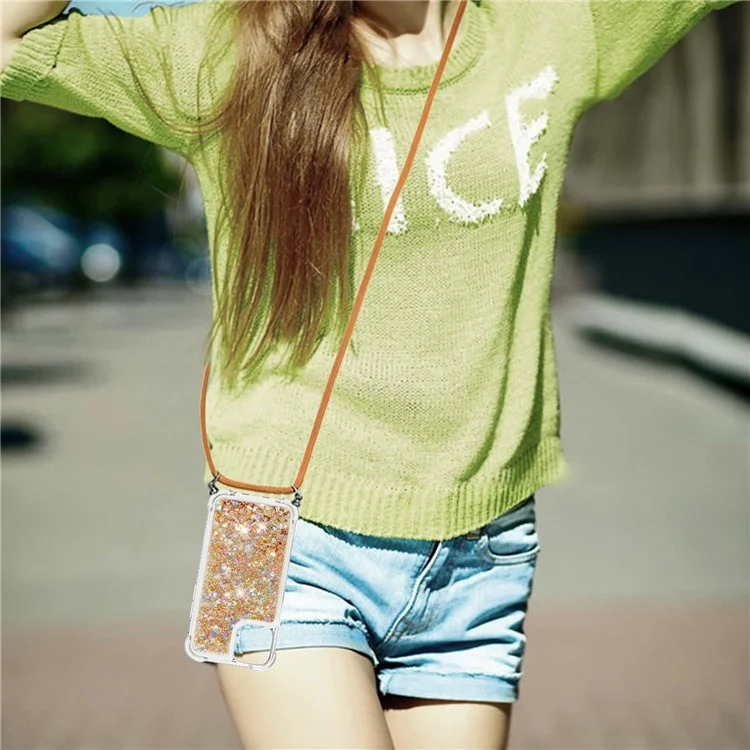 Quicksand Shiny Floating Glitter Flowing Liquid Shockproof Protective TPU Cover with Strap for iPhone 13 Pro 6.1 inch - Diamond Gold Hearts