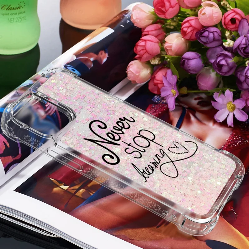 Liquid Glitter Fashion Sparkling Quicksand Soft TPU Back Case for iPhone 13 6.1 inch - Never Stop Dreaming