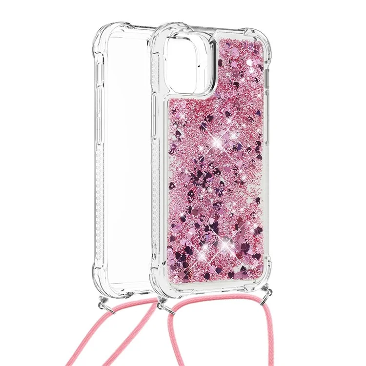 Sparkling Floating Liquid Quicksand Soft TPU Shockproof Protection Bumper Cover with Lanyard for iPhone 13 / 14 - Rose Gold Hearts