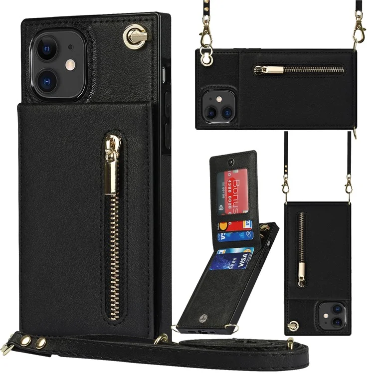 Cartera vertical con cremallera y soporte de diseño de cuero híbrido con cordón para iPhone 11 6.1 pulgadas - Negro