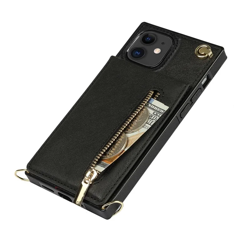 Cartera vertical con cremallera y soporte de diseño de cuero híbrido con cordón para iPhone 11 6.1 pulgadas - Negro