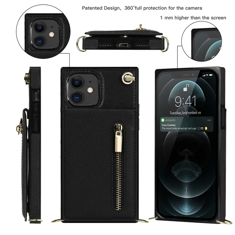 Vertical Flip Fermeture À Glissière Portefeuille Kickstand Design Coque Hybride De Téléphone En Cuir Avec Lanière Pour IPhone 11 6.1 Pouces - Noir