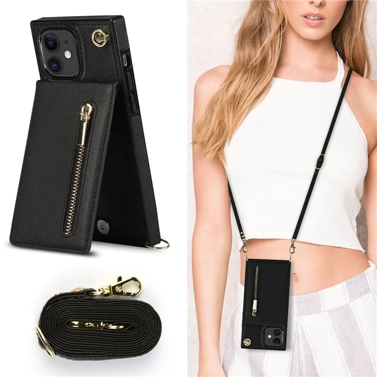 Cartera vertical con cremallera y soporte de diseño de cuero híbrido con cordón para iPhone 11 6.1 pulgadas - Negro
