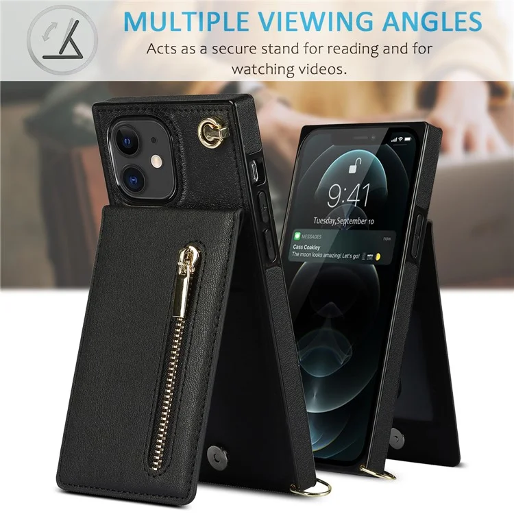Cartera vertical con cremallera y soporte de diseño de cuero híbrido con cordón para iPhone 11 6.1 pulgadas - Negro
