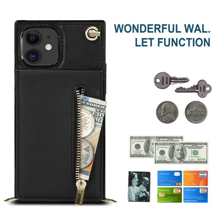 Cartera vertical con cremallera y soporte de diseño de cuero híbrido con cordón para iPhone 11 6.1 pulgadas - Negro