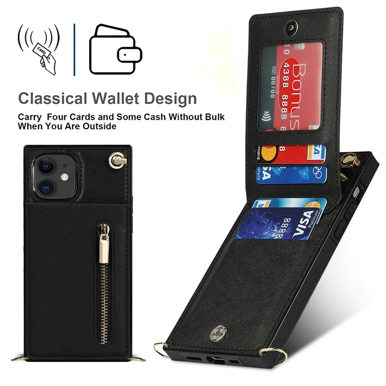 Cartera vertical con cremallera y soporte de diseño de cuero híbrido con cordón para iPhone 11 6.1 pulgadas - Negro