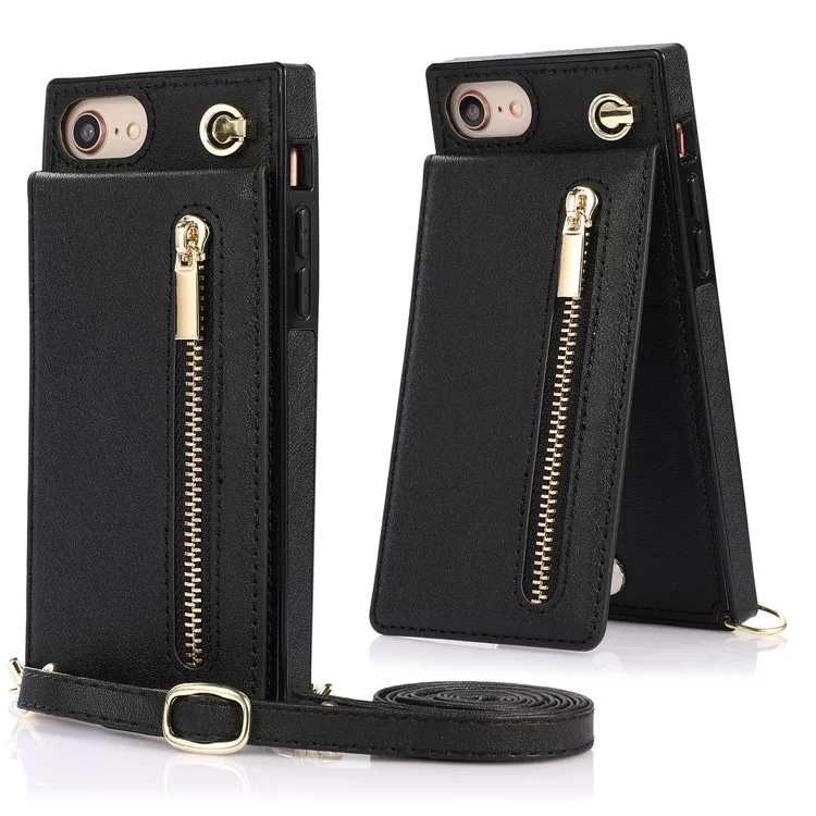 Diseño de Soporte Vertical Flip PU Funda Híbrida de Cuero Recubierto de TPU con Cordón para iPhone 7 4.7 pulgadas/8 4.7 pulgadas/SE (2020)/SE (2022) - Negro