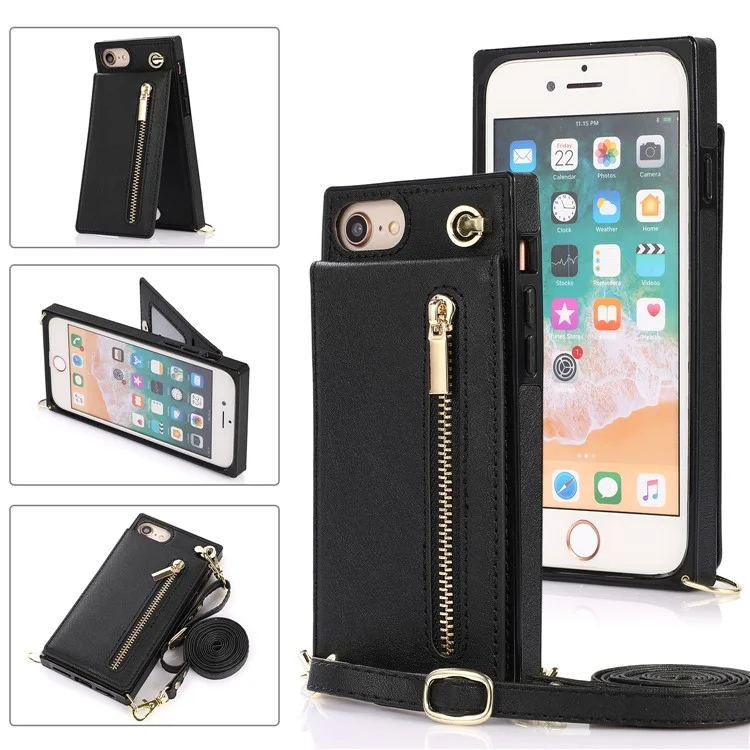 Diseño de Soporte Vertical Flip PU Funda Híbrida de Cuero Recubierto de TPU con Cordón para iPhone 7 4.7 pulgadas/8 4.7 pulgadas/SE (2020)/SE (2022) - Negro