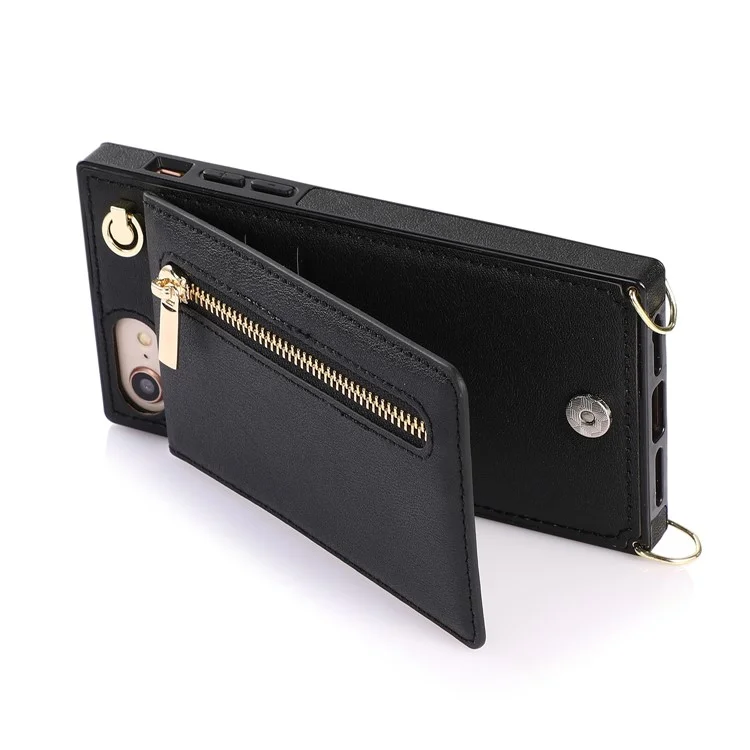 Diseño de Soporte Vertical Flip PU Funda Híbrida de Cuero Recubierto de TPU con Cordón para iPhone 7 4.7 pulgadas/8 4.7 pulgadas/SE (2020)/SE (2022) - Negro