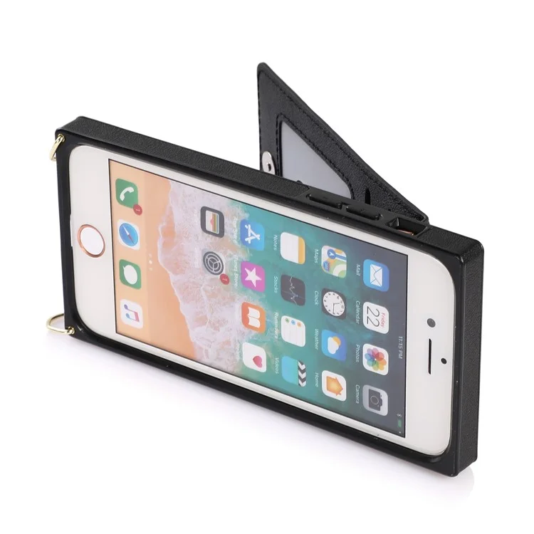 Diseño de Soporte Vertical Flip PU Funda Híbrida de Cuero Recubierto de TPU con Cordón para iPhone 7 4.7 pulgadas/8 4.7 pulgadas/SE (2020)/SE (2022) - Negro