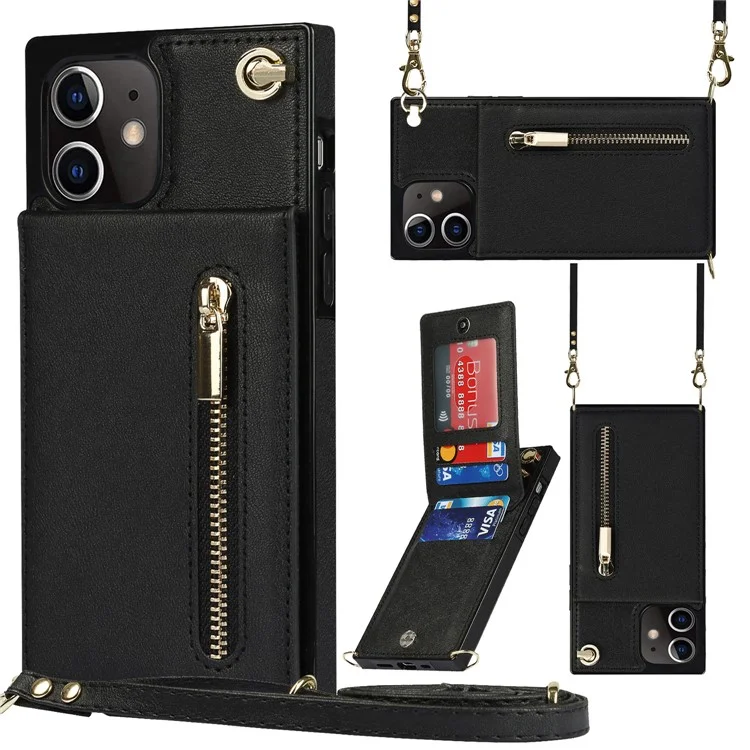 Detachable Lanyard PU Leather Coated TPU Hybrid Case Vertical Flip Kickstand Phone Shell for iPhone 12 mini - Black