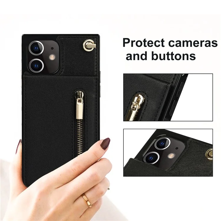 Detachable Lanyard PU Leather Coated TPU Hybrid Case Vertical Flip Kickstand Phone Shell for iPhone 12 mini - Black