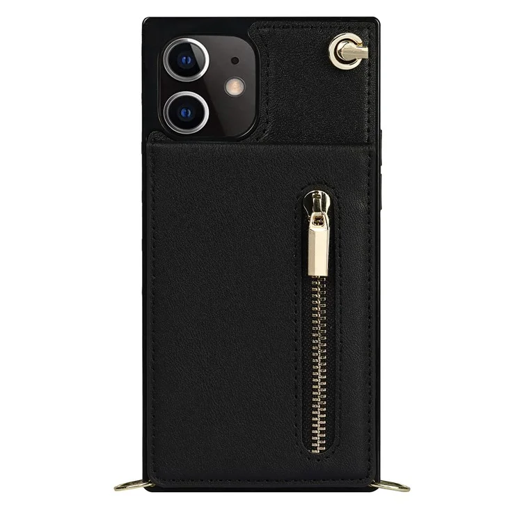 Detachable Lanyard PU Leather Coated TPU Hybrid Case Vertical Flip Kickstand Phone Shell for iPhone 12 mini - Black