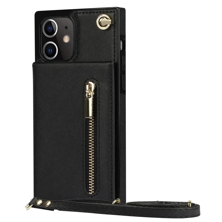 Detachable Lanyard PU Leather Coated TPU Hybrid Case Vertical Flip Kickstand Phone Shell for iPhone 12 mini - Black