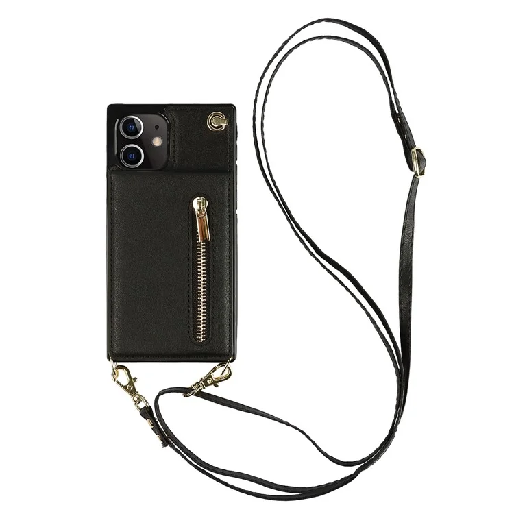 Detachable Lanyard PU Leather Coated TPU Hybrid Case Vertical Flip Kickstand Phone Shell for iPhone 12 mini - Black