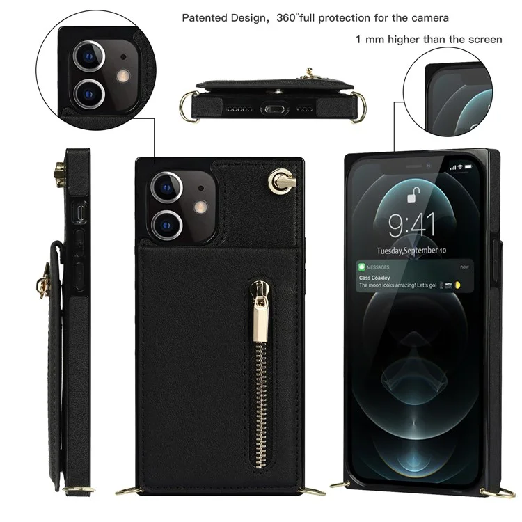 Detachable Lanyard PU Leather Coated TPU Hybrid Case Vertical Flip Kickstand Phone Shell for iPhone 12 mini - Black