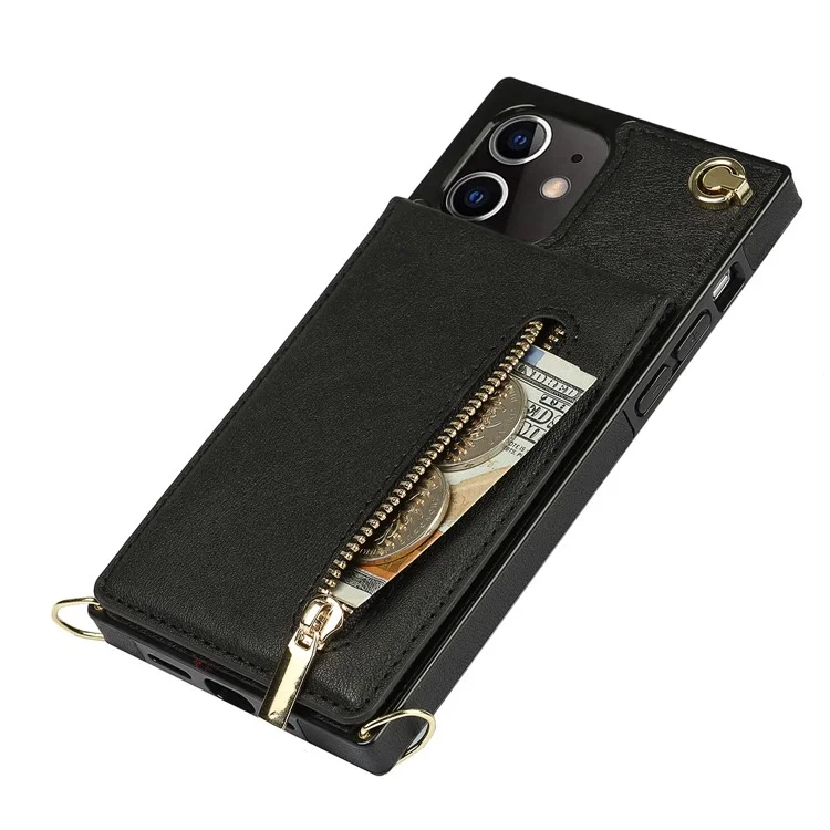 Detachable Lanyard PU Leather Coated TPU Hybrid Case Vertical Flip Kickstand Phone Shell for iPhone 12 mini - Black